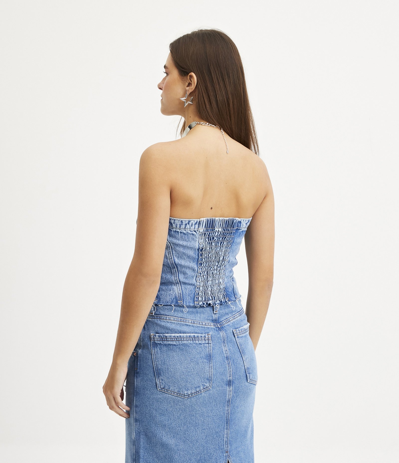 Blusa Tomara que Caia em Jeans com Abotoamento e Lastex 4