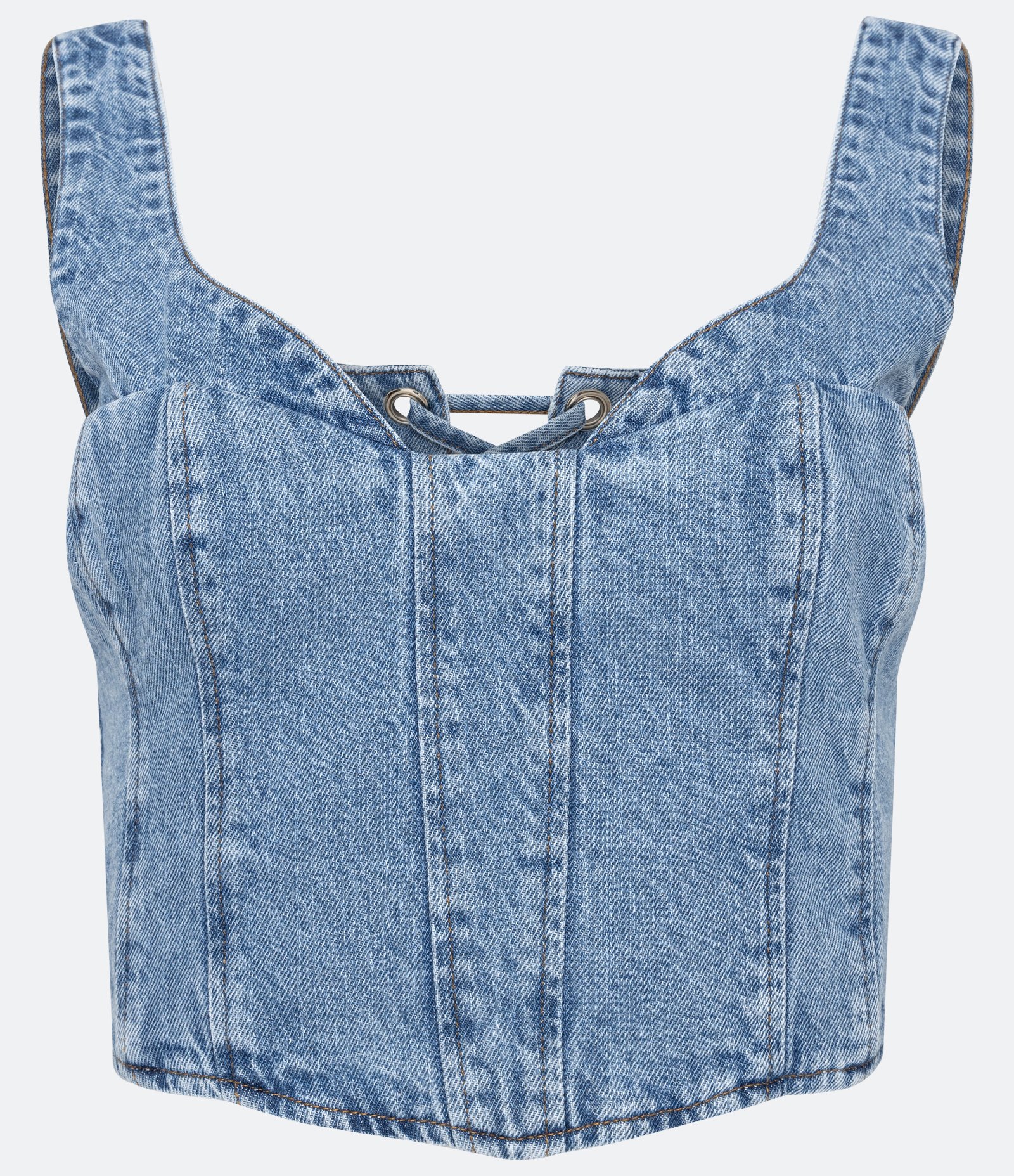 Blusa Cropped Corset em Jeans com Amarração nas Costas Azul 5