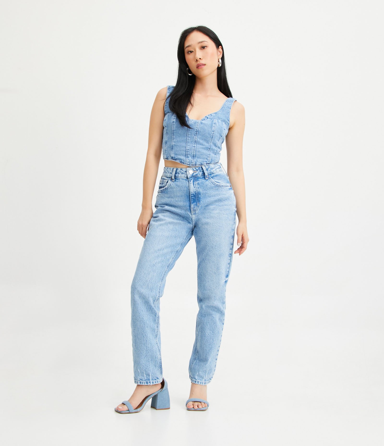 Blusa Cropped Corset em Jeans com Amarração nas Costas Azul 2