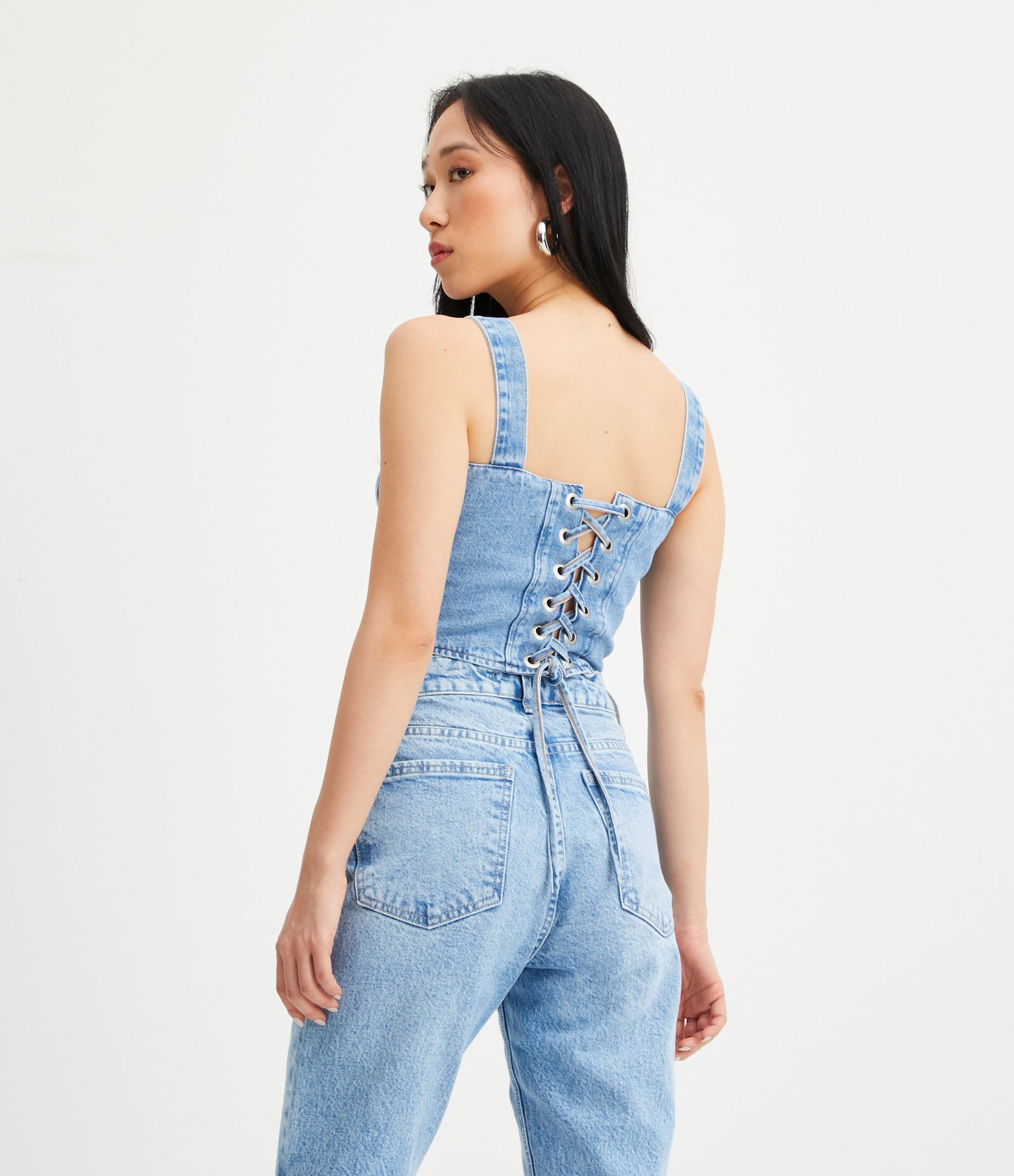 Blusa Cropped Corset em Jeans com Amarração nas Costas Azul 3