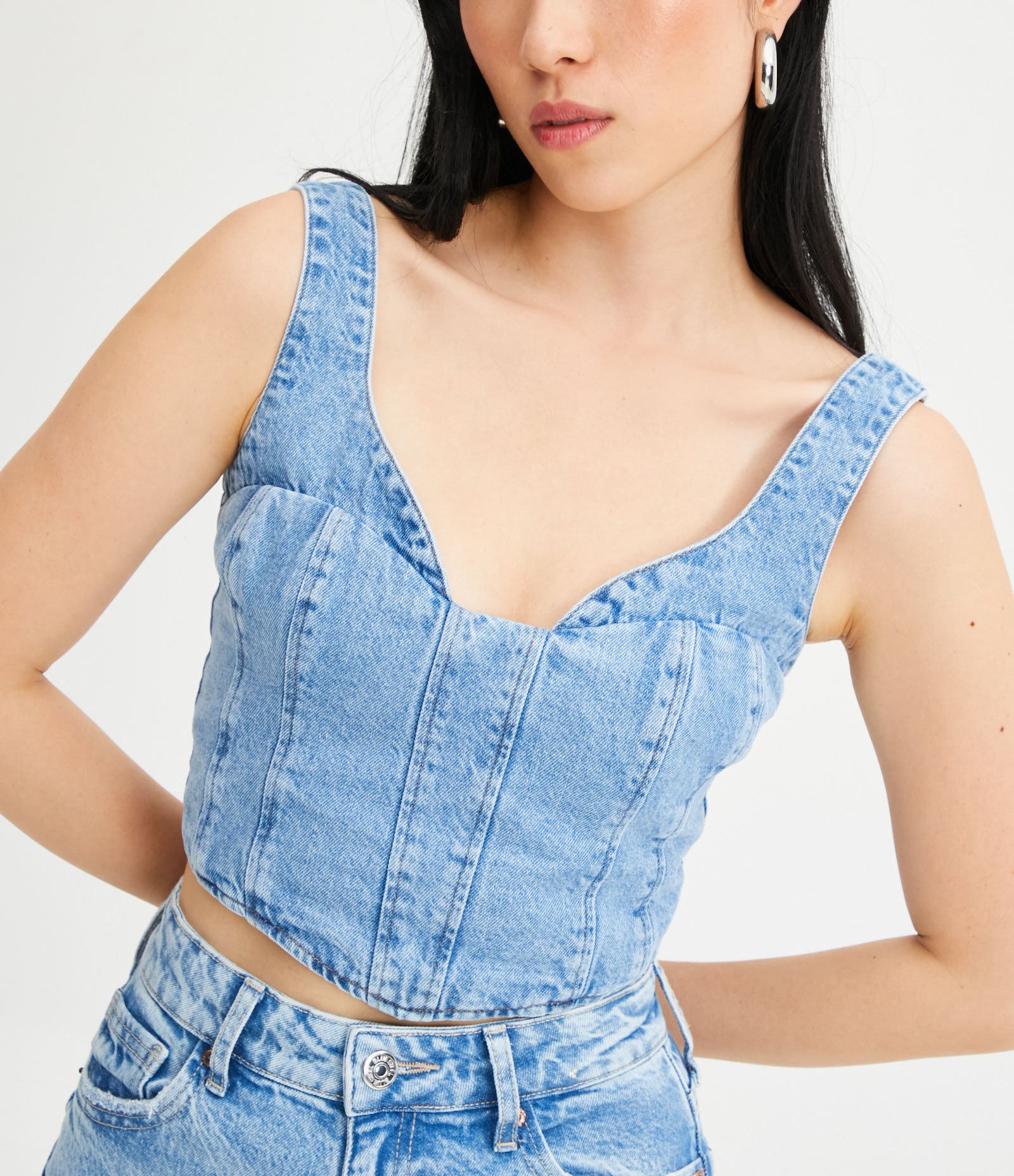 Blusa Cropped Corset em Jeans com Amarração nas Costas Azul 4