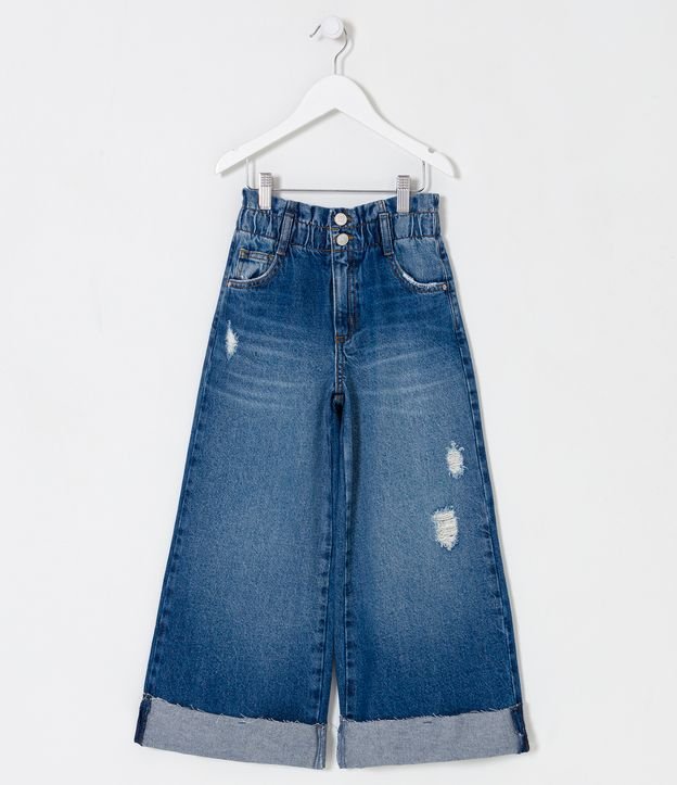 Pantalón Wide Leg Infantil en Jeans con Desgastes y Barra Plegada - Talle 5 a 14 años Azul 1