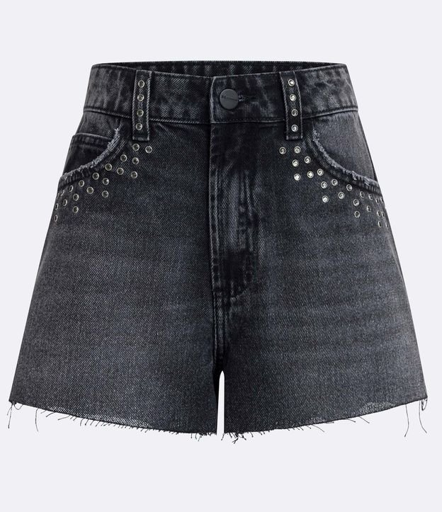 Short Cintura Alta em Jeans com Tachas Brilhantes e Barra Desfeita Preto 5