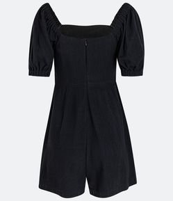 Macaquinho em Linho Texturizado com Manga Bufante e Zíper nas Costas