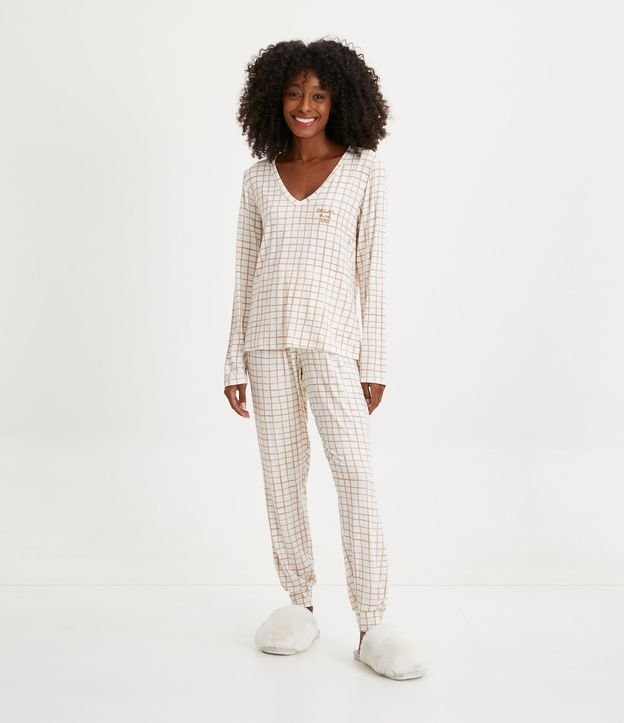 Pijama Largo en Viscolycra con Estampado de Cuadros Grid Blanco/Beige 1