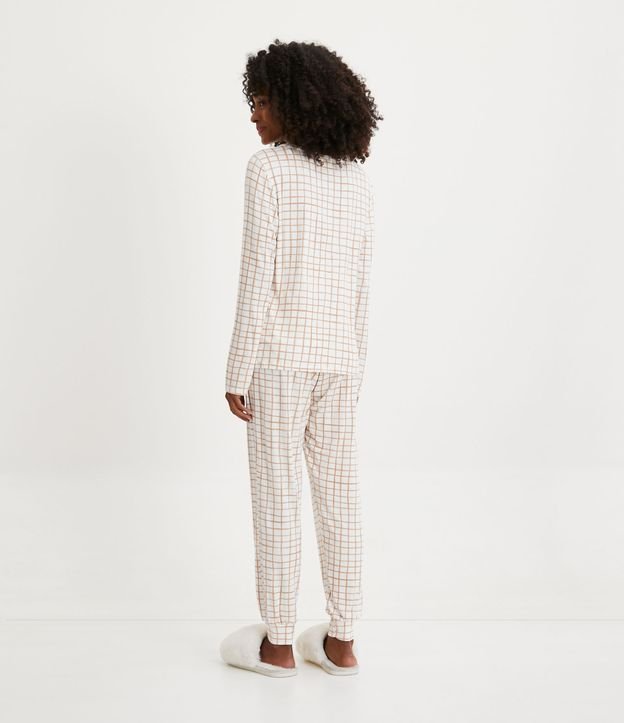Pijama Largo en Viscolycra con Estampado de Cuadros Grid Blanco/Beige 2