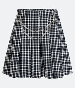 Saia Plissada em Alfaiataria Xadrez com Pregas e Corrente