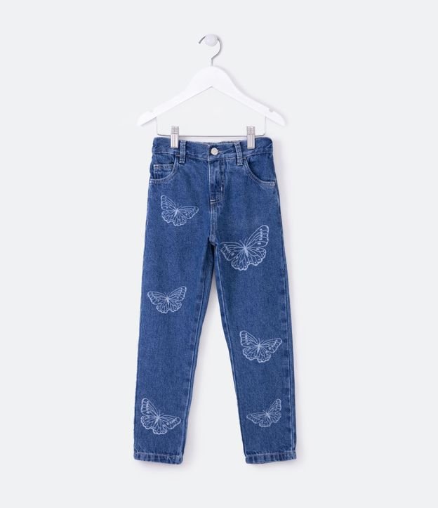 Pantalón Recto Infantil en Jeans Estampado de Mariposas - Talle 5 a 14 años Azul 1