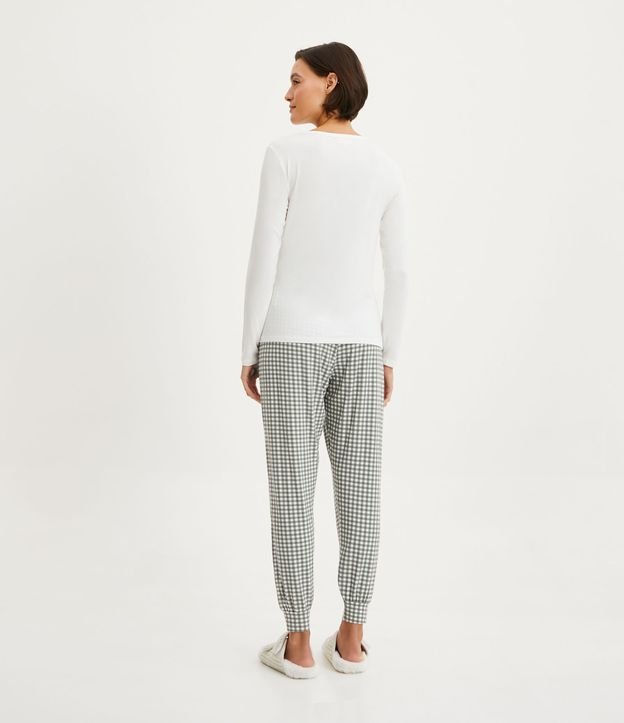 Pijama Largo en Viscolycra con Estampado de Cuadros Off White/Verde 2
