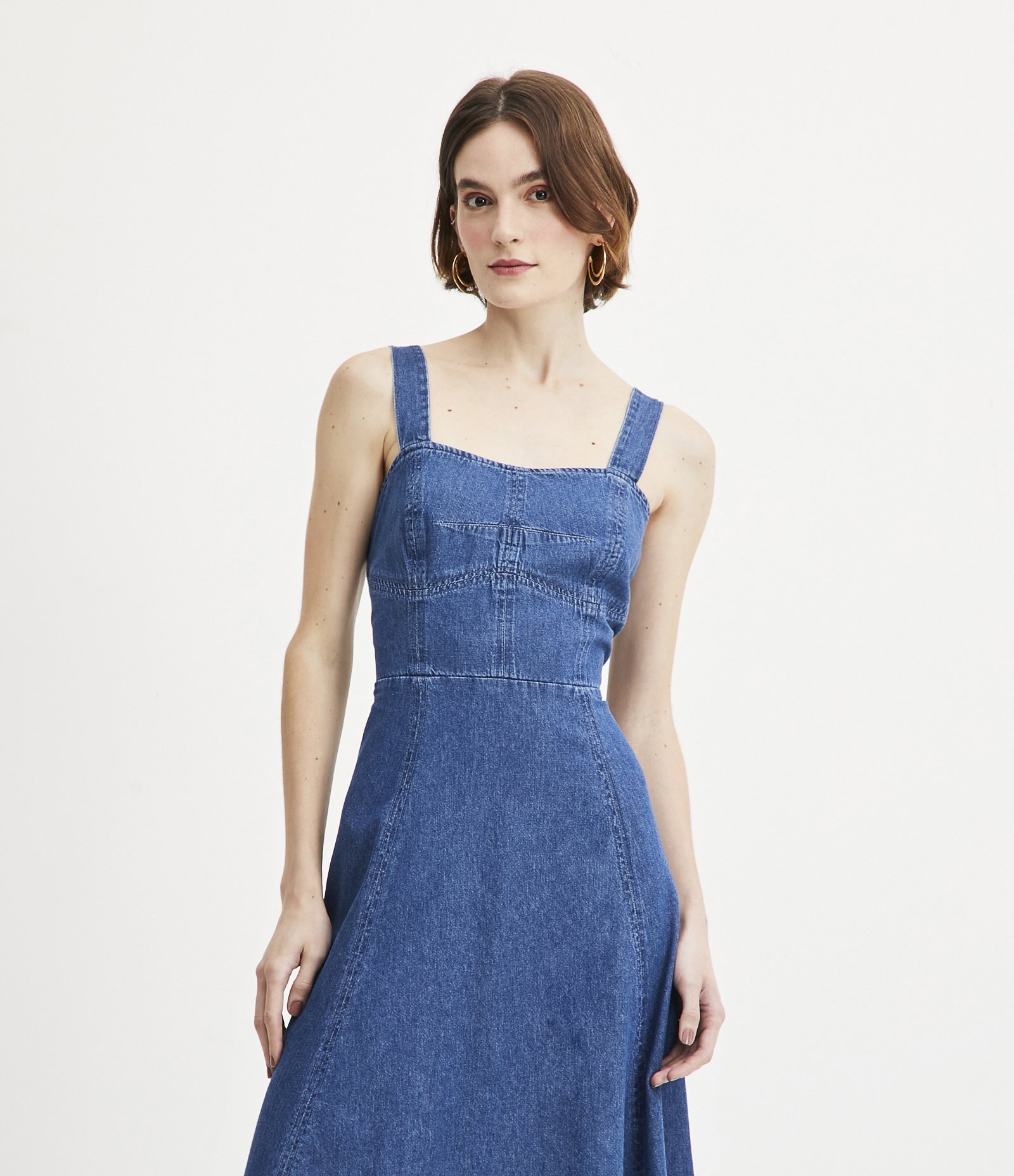 Vestido Midi Jeans com Alça Média e Recorte Vazado Azul 2