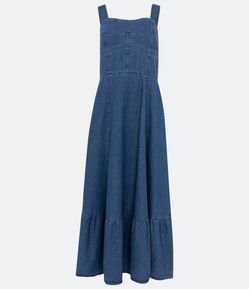 Vestido Midi Jeans com Alça Média e Recorte Vazado