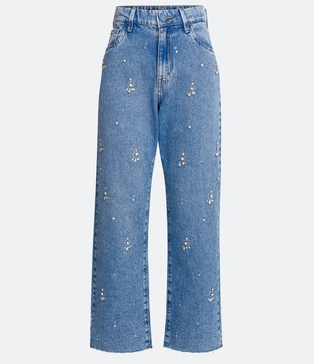 Calça Reta Jeans com Aplicação de Pedrarias Azul 5