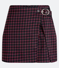 Short Saia em Alfaiataria Xadrez com Fivela em Metal na Lateral