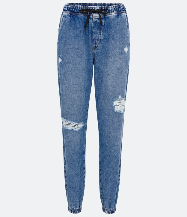 Calça Jogger Jeans com Amarração no Cós e Detalhes Puídos Azul