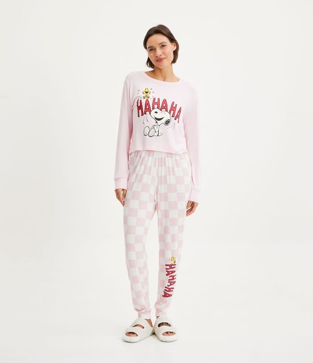 Pijama Largo en Viscolycra con Estampado Snoopy Rosado 1