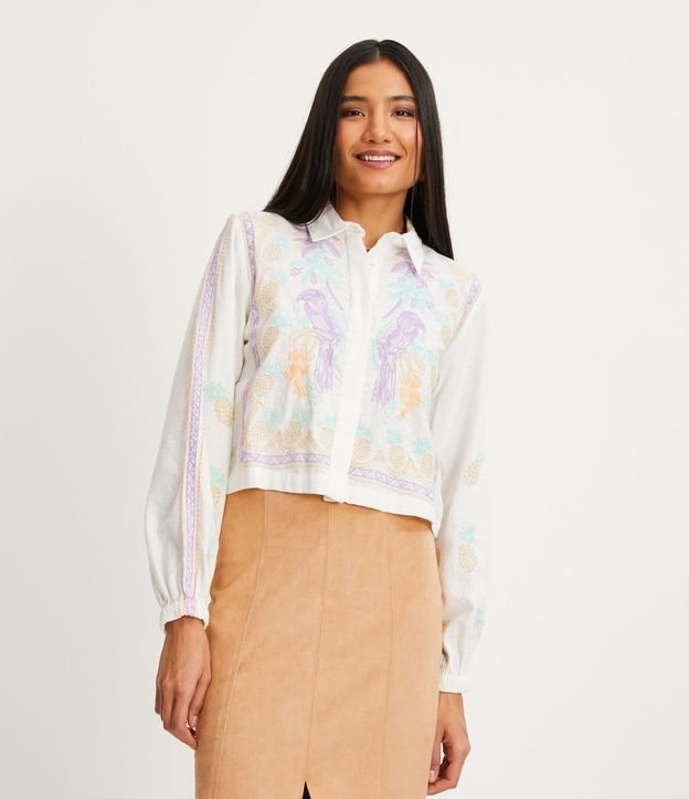 Camisa Manga Longa em Tricoline com Bordado Tropical