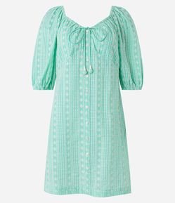 Vestido Curto com Amarração e Mangas Bufantes Estampa Boho