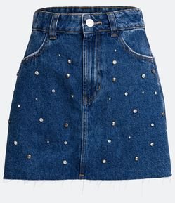 Saia Cintura Alta Jeans com Tachinhas de Strass