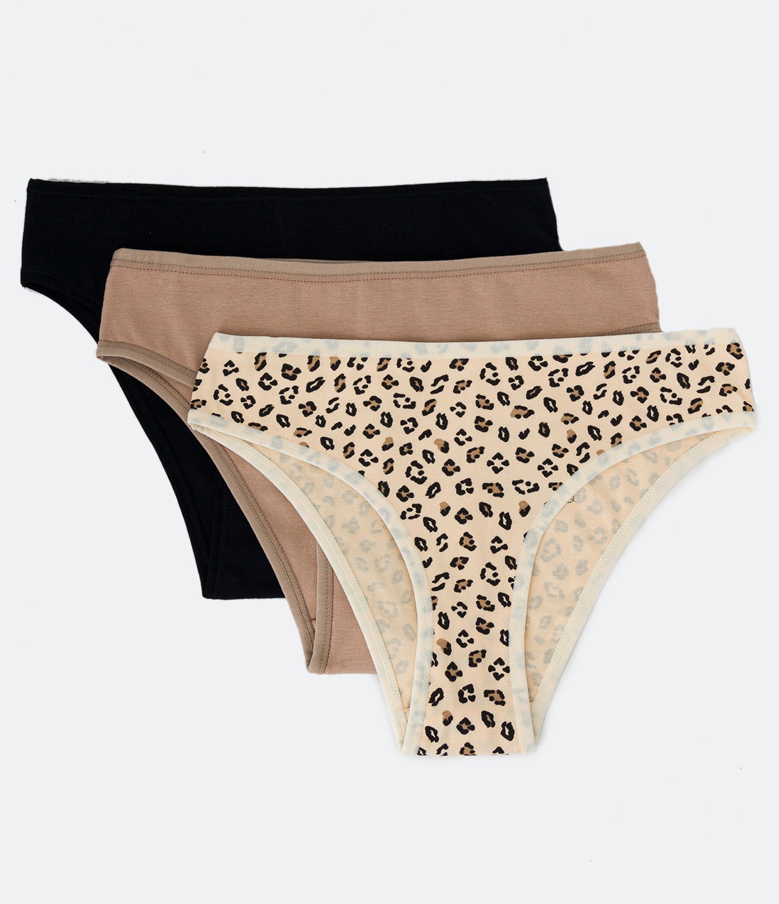 Kit 03 Calcinhas Biquíni em Algodão com Peça Estampa Animal Print Onça Preto/ Bege/ Bege Claro 1