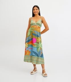 Vestido New Midi em Linho com Alcinha Trançada e Estampa Tropical