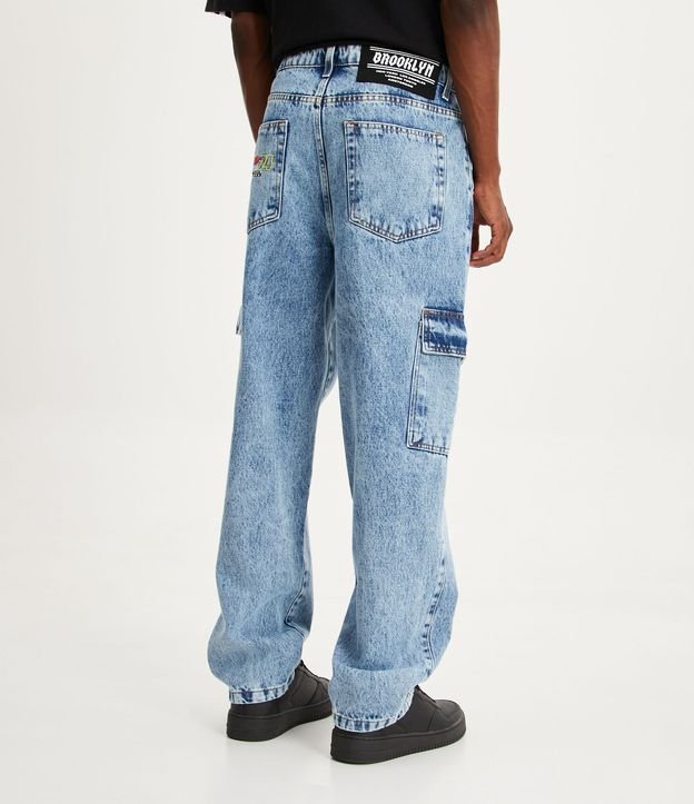 Pantalón Baggy Jeans con Bolsillo Cargo y Efecto Desteñido Azul