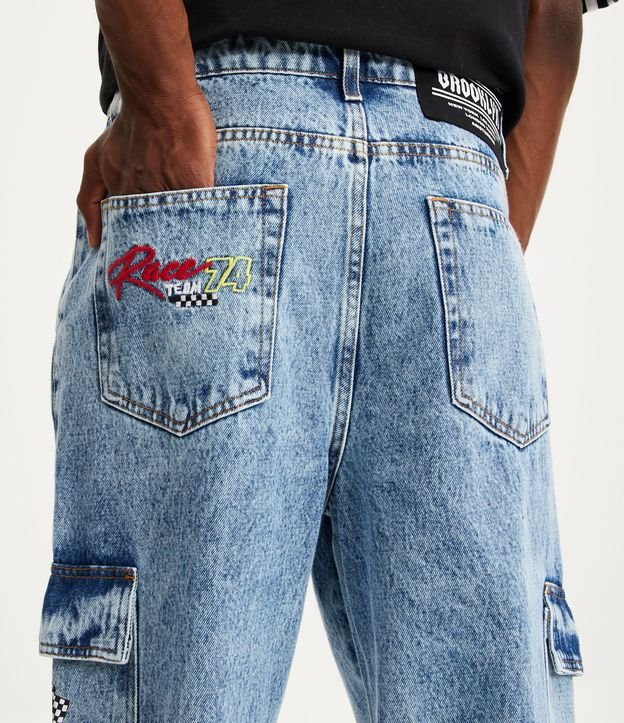 Pantalón Baggy Jeans con Bolsillo Cargo y Efecto Desteñido Azul