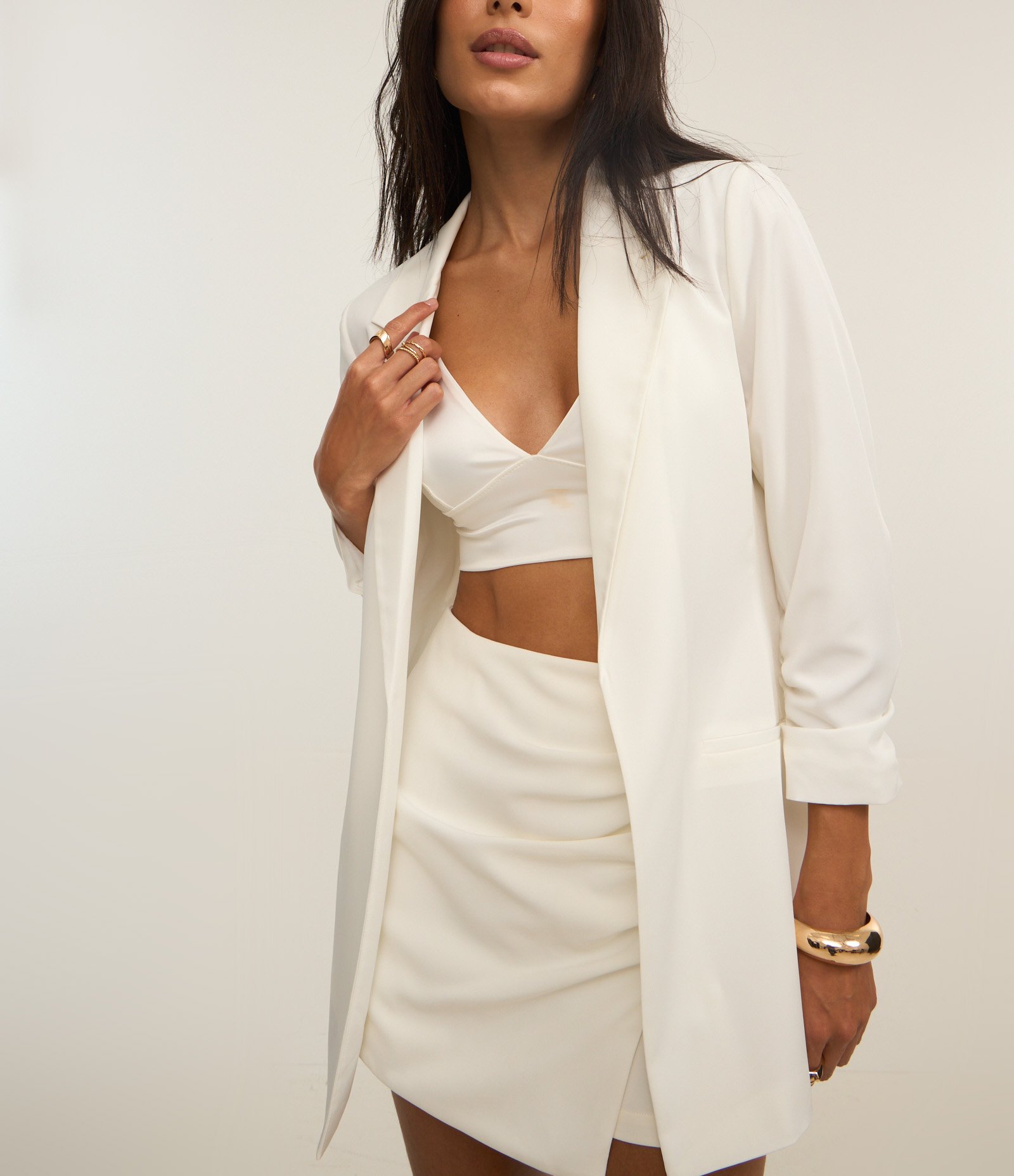 Blazer Longo Alfaiatado em Crepe com Manga Enrugada Branco 3