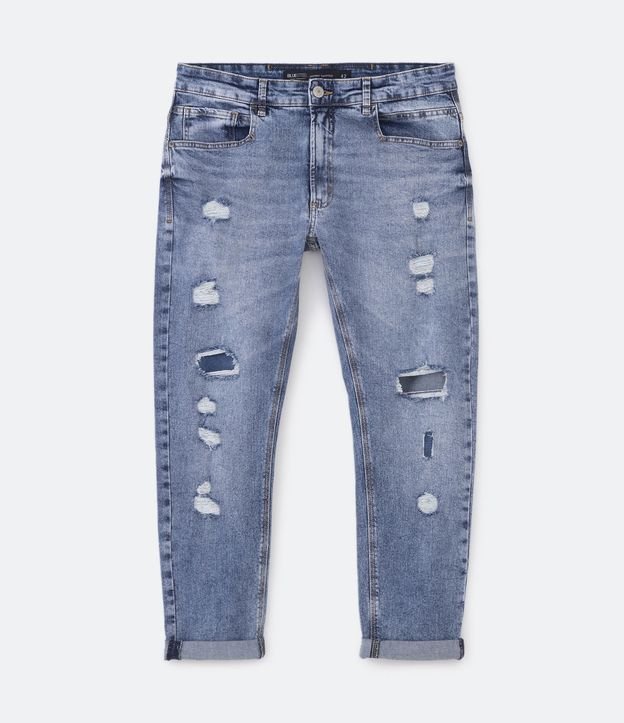 Calça Skinny Cropped Jeans com Rasgos Puídos e Barra Dobrada Azul 5