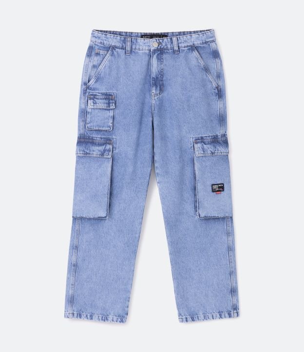 Calça Wide Leg Jeans com Bolsos Cargo e Etiqueta Aplicada Azul Médio 5