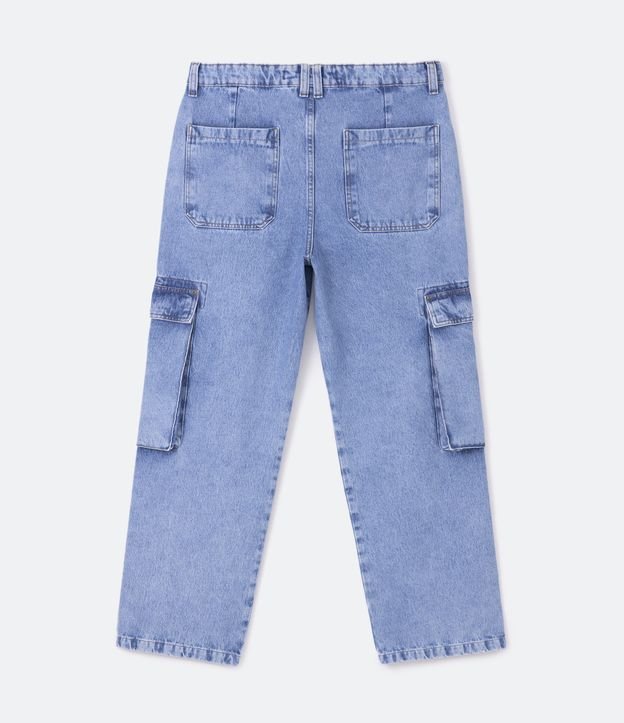 Calça Wide Leg Jeans com Bolsos Cargo e Etiqueta Aplicada Azul Médio 6