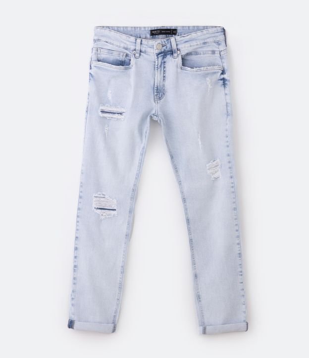 Calça Skinny Cropped Jeans Delavê com Puídos e Barra Dobrada Azul Claro 5