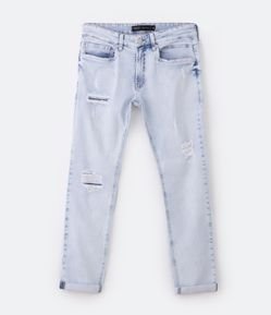 Calça Skinny Cropped Jeans Delavê com Puídos e Barra Dobrada