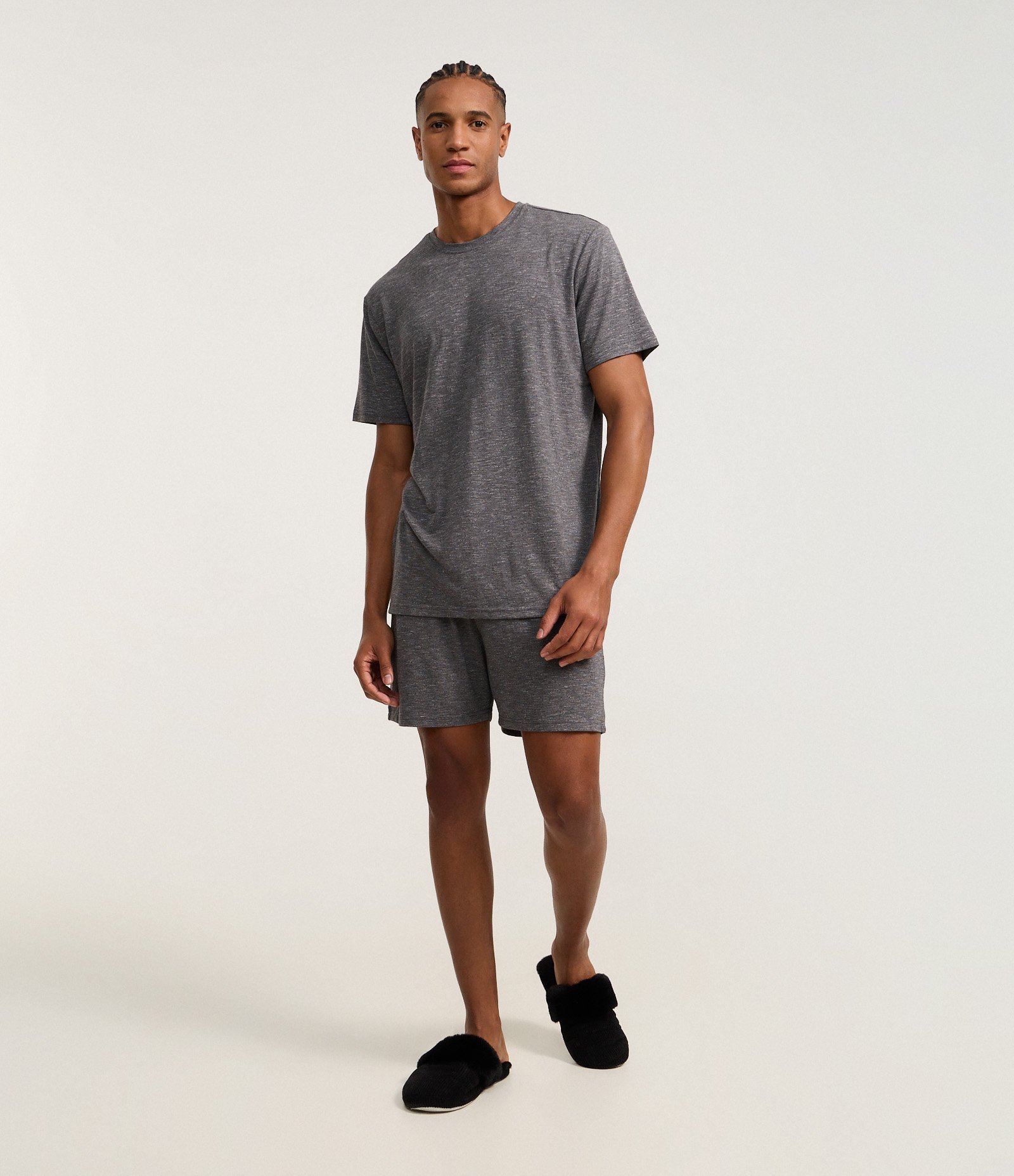 Pijama Curto em Malha Flamê com Efeito Mesclado Cinza Azulado 1