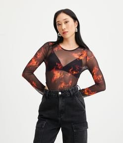Body Cavado em Tule com Manga Longa e Estampa Chamas de Fogo