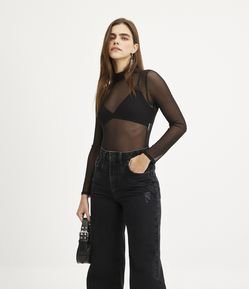 Body em Tule com Golinha Alta e Manga Longa
