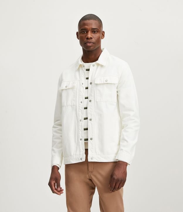 Jaqueta em Sarja com Gola Colarinho e Bolsos Frontais