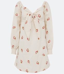 Vestido Curto em Linho com Busto com Nó e Bordados de Cajus