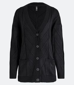 Cardigan Longo em Tricô com Fios Trançados e Bolsos