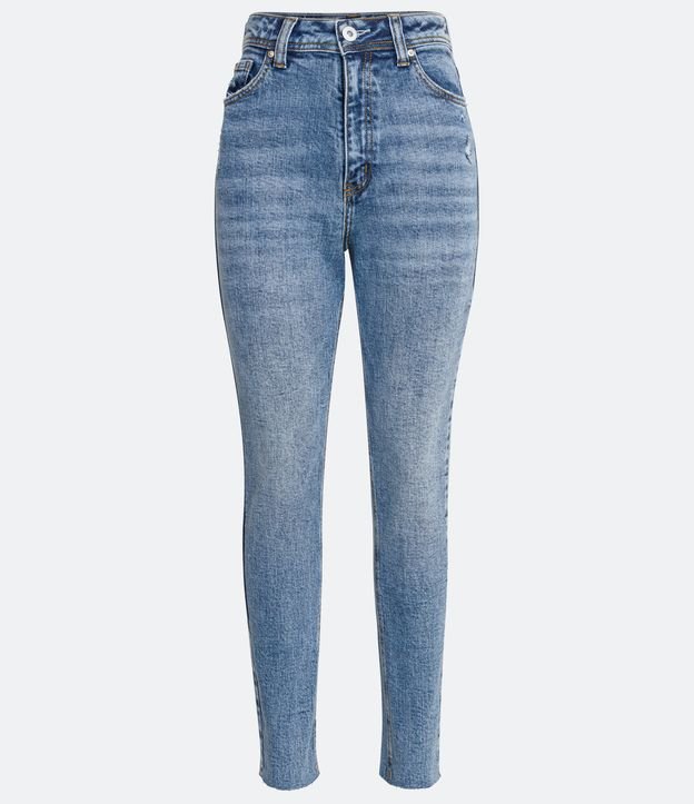 Calça Mom Jeans com Elastano e Puídos Azul 5