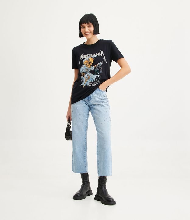 Calça Anos 90 Cintura Alta em Jeans com Barra a Fio e Brilhos - Cor: Azul -  Tamanho: 36 - Shopping TudoAzul