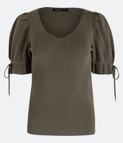 Blusa em Malha com Manga Bufante e Amarração na Barra