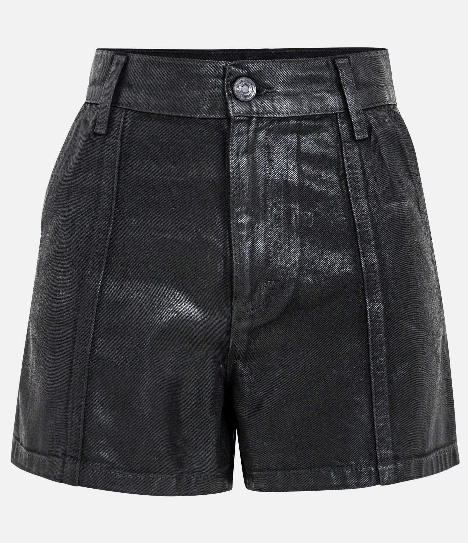 Short Cintura Alta em Jeans Resinado com Bolsos e Recortes Preto 1
