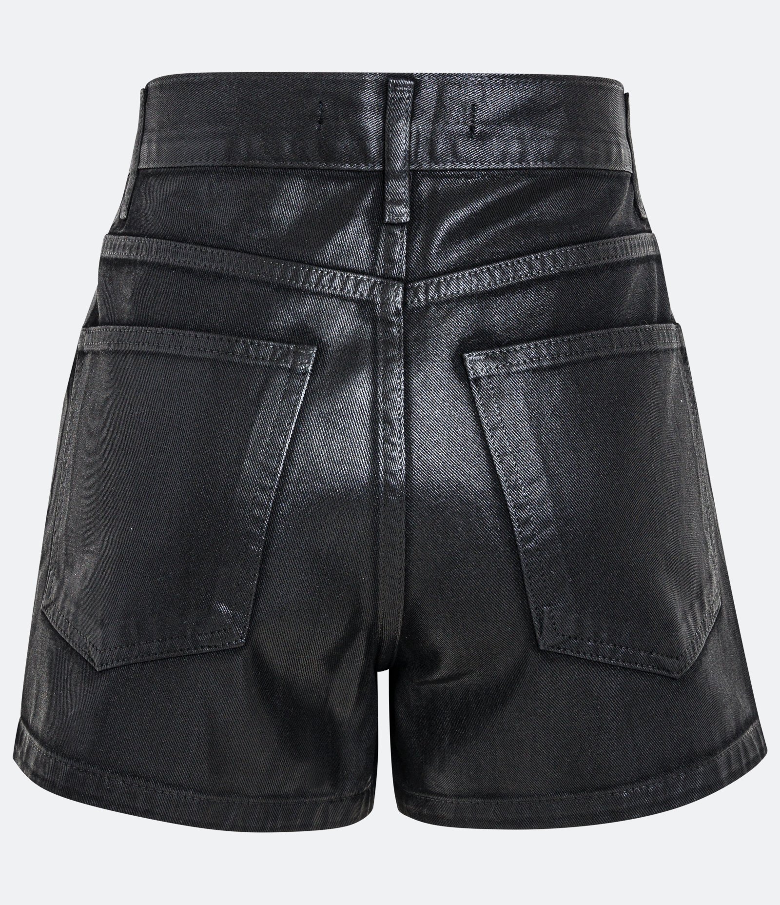 Short Cintura Alta em Jeans Resinado com Bolsos e Recortes Preto 2
