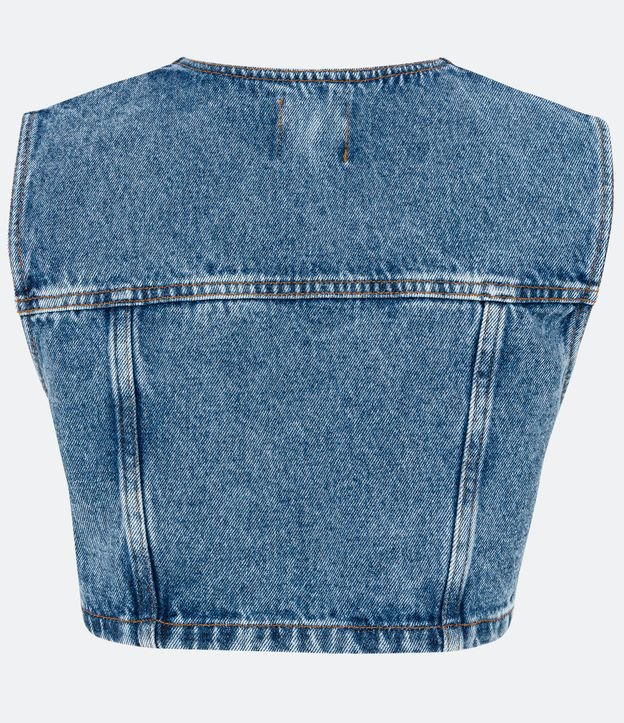 Colete Cropped Jeans com Decote V e Bolsos Frontais Azul 7