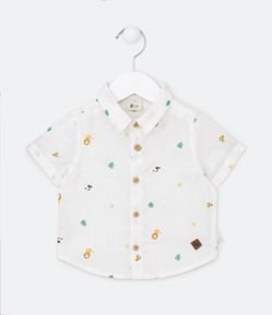 Camisa Infantil em Linho com Botões de Madeira e Estampa de Bichinhos - Tam 3 a 18 meses