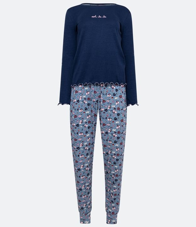 Pijama Largo en Ribana con Estampado de Croissants Azul 6
