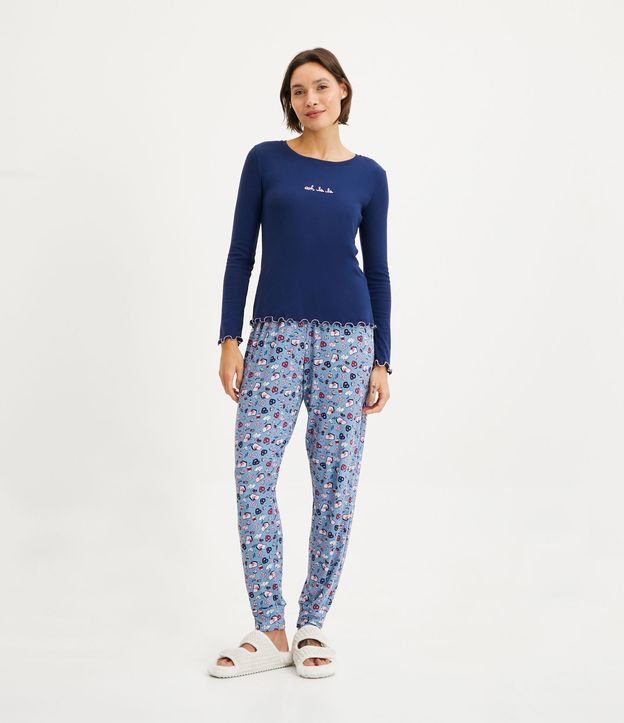 Pijama Largo en Ribana con Estampado de Croissants Azul 1