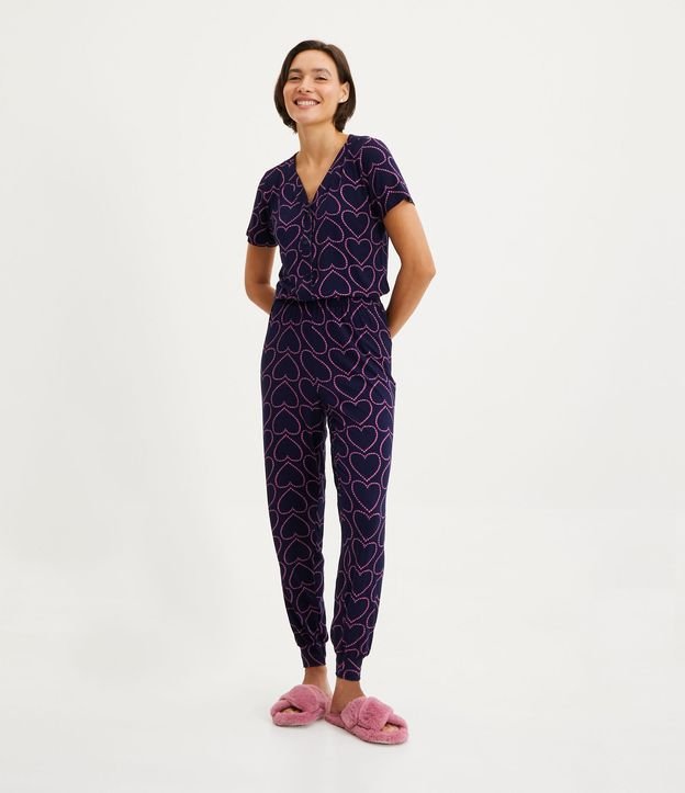 Pijama Americano Longo em Viscolycra com Estampa de Coração