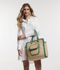 Bolsa de Praia em Palha com Detalhe Contrastante e Bolso