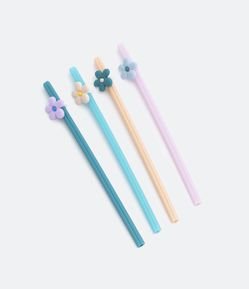 Kit 04 Canudos Reutilizáveis com Detalhes de Flores